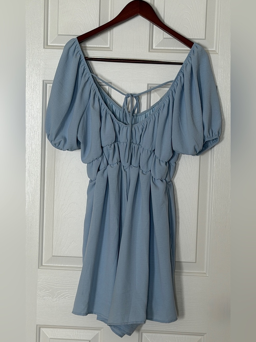 Arula Light Blue Romper Puff Sleeve Tie Back Flowy Boho Cottagecore Size S/M